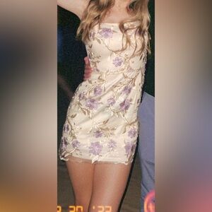 Cream Mini Dress with Purple Floral Embroidery